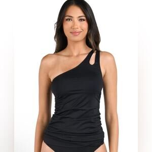 La Blanca Women's Island Goddess One-Shoulder Tankini Top Black Size 8 Resort